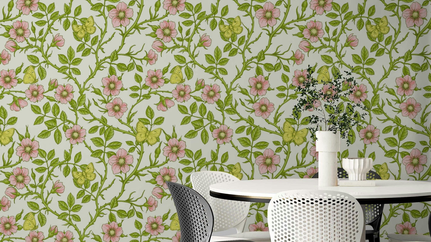 Wild roses and butterflies wallpaper for floral decor

