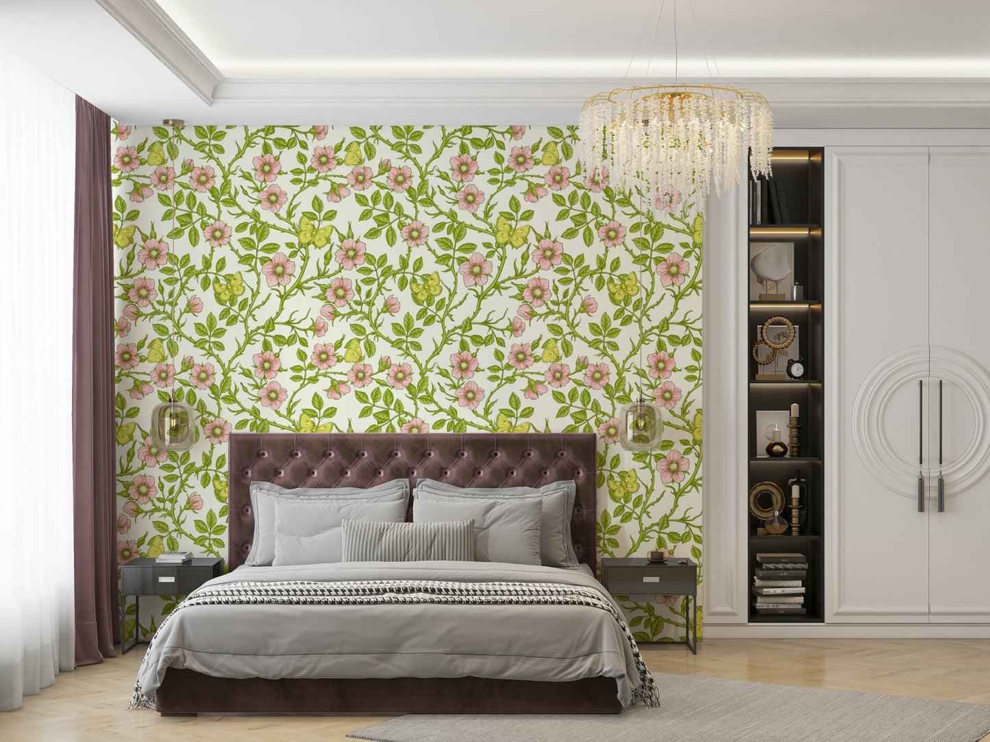 Nature-inspired wild roses and butterflies wall design

