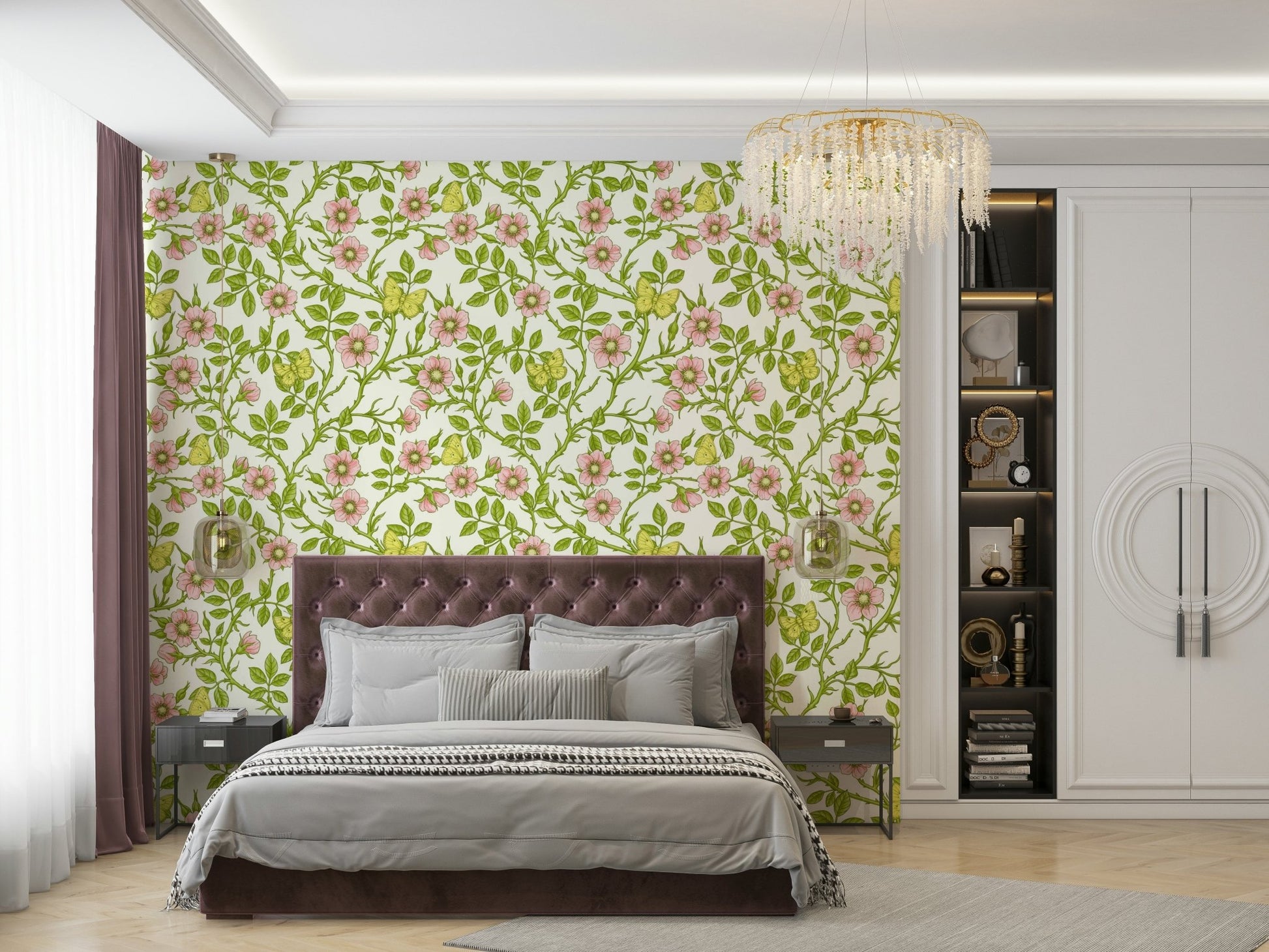 Nature-inspired wild roses and butterflies wall design

