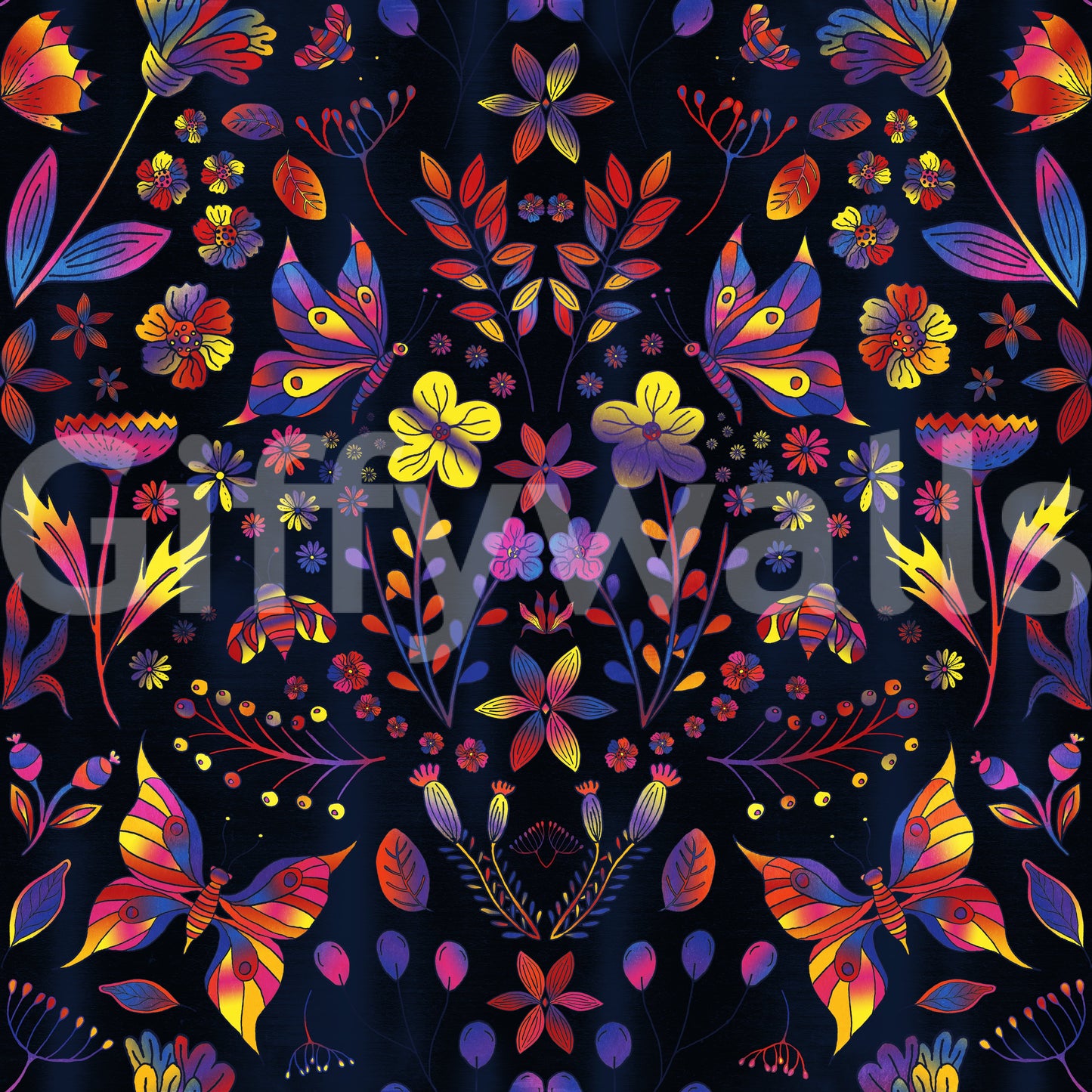 Garden-inspired wall mural with energetic colors

