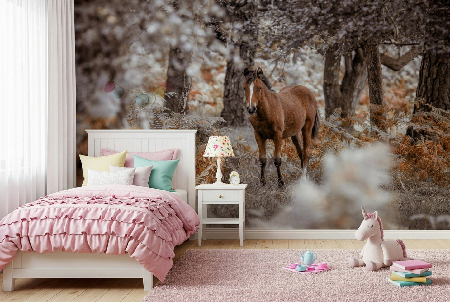 Modern hallway styling using a large animal mural in a monochrome color palette.