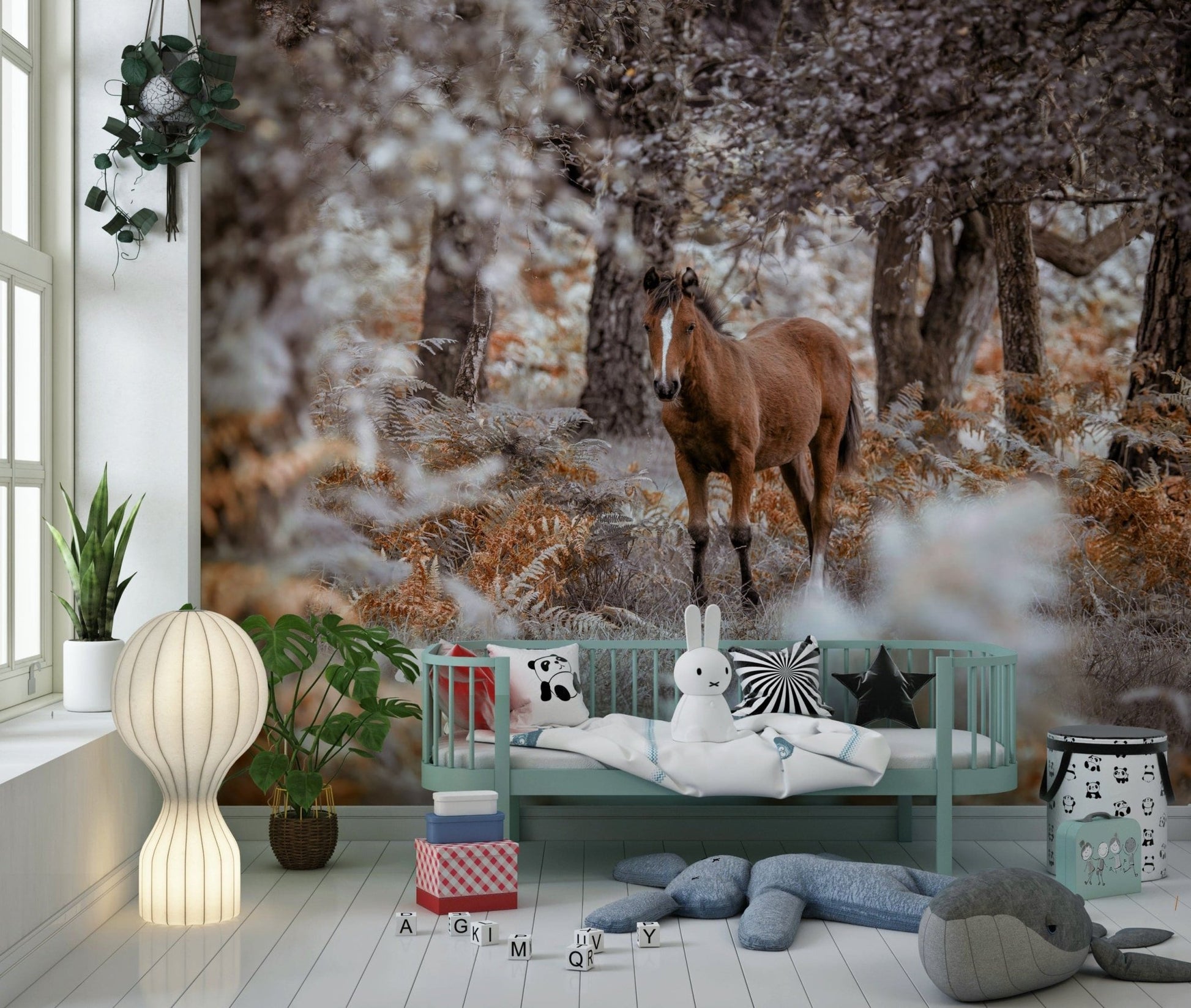 Wild Stallion Wall Mural as a feature wall in a contemporary studio apartment.