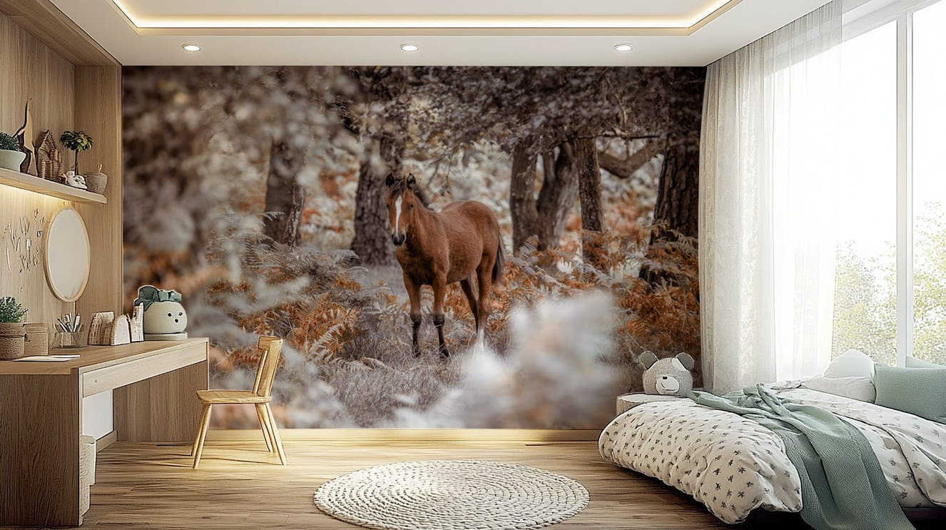 Large scale horse mural in a bright apartment bedroom with neutral bedding.