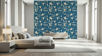 Western ranch wallpaper mural with hand-drawn cowboy elements on a bold blue background.