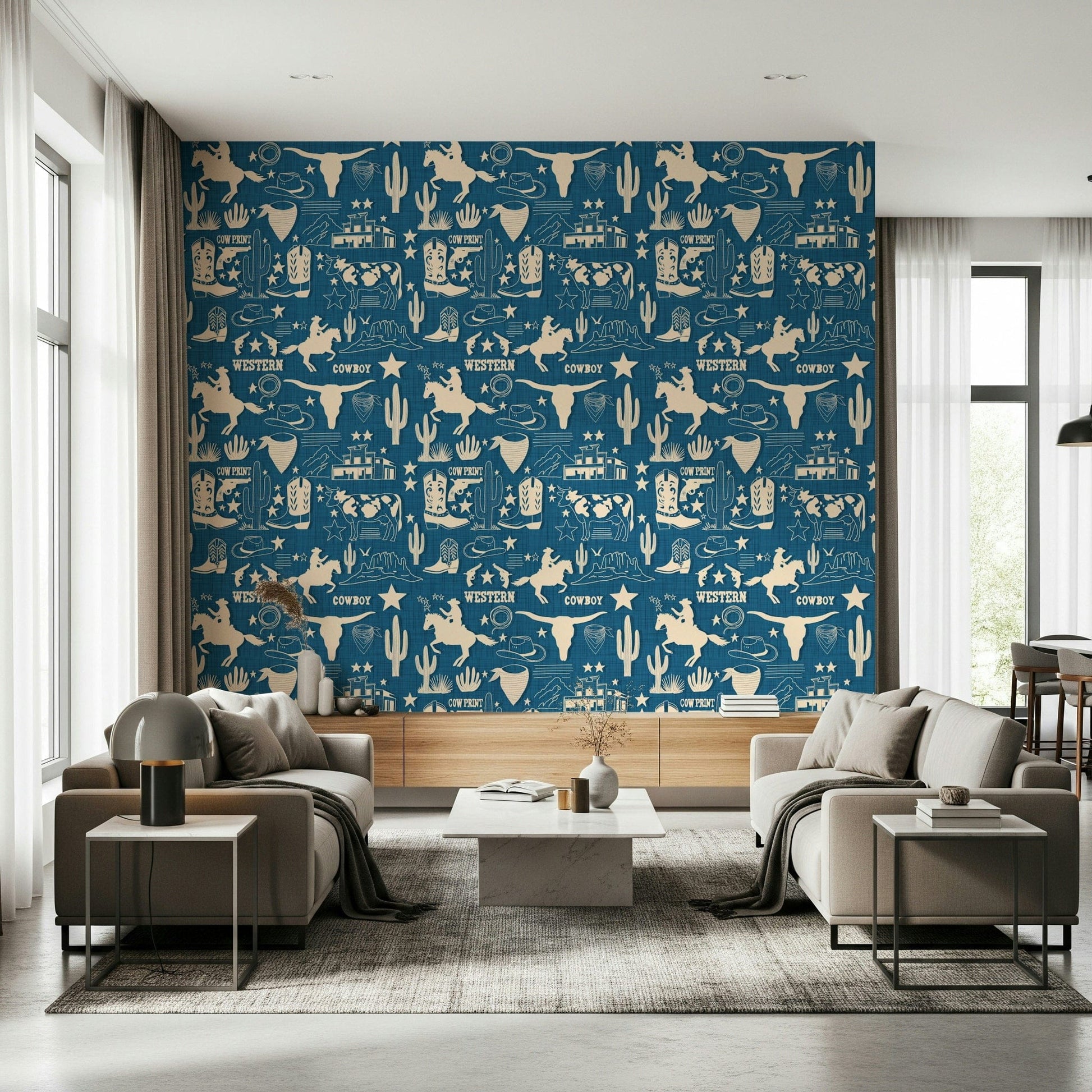 Rustic cowboy wallpaper mural featuring cream line-art symbols on a denim-blue backdrop.