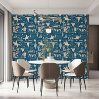 Wild West Blueprint wallpaper featuring cream cowboy motifs on a deep blue textured background.