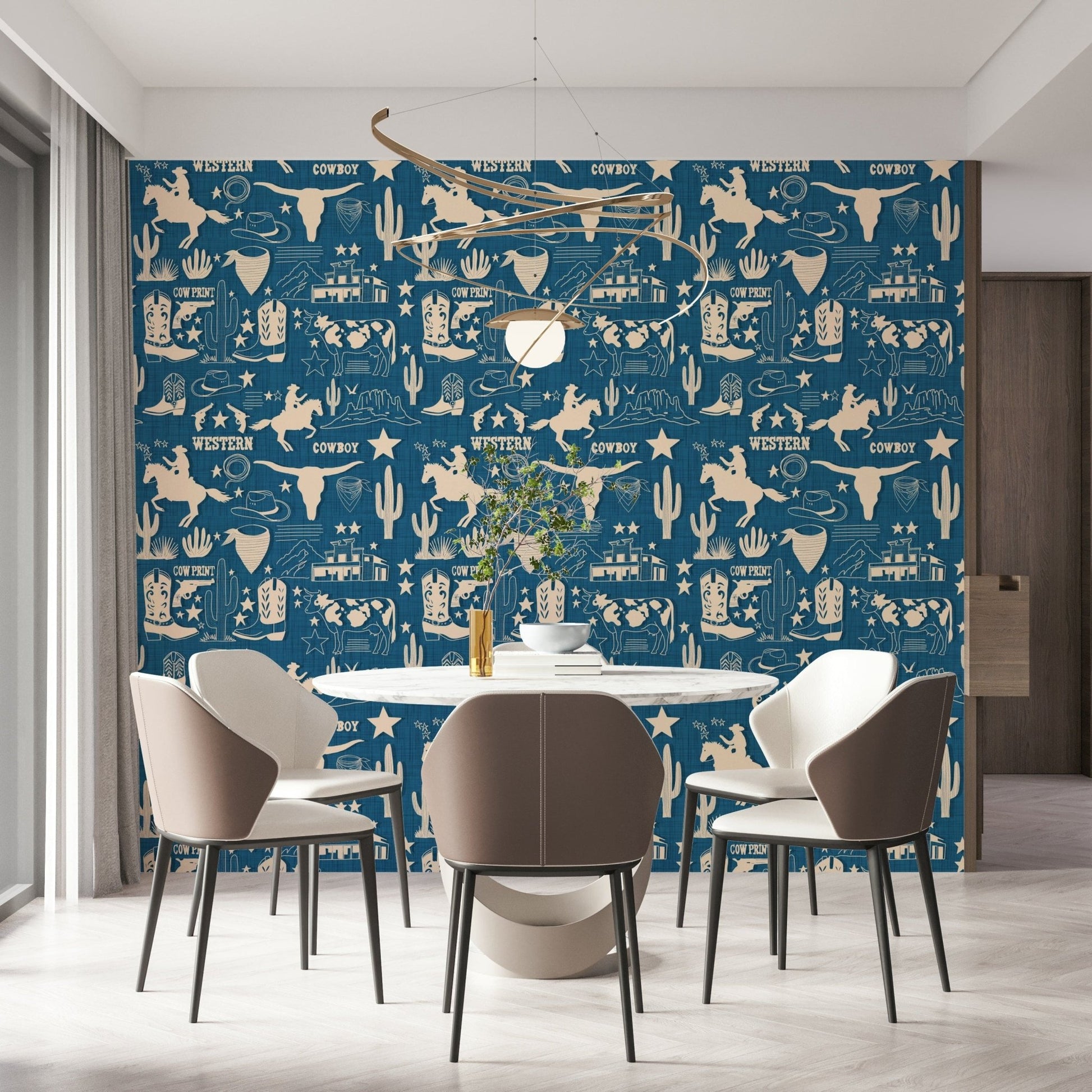 Wild West Blueprint wallpaper featuring cream cowboy motifs on a deep blue textured background.