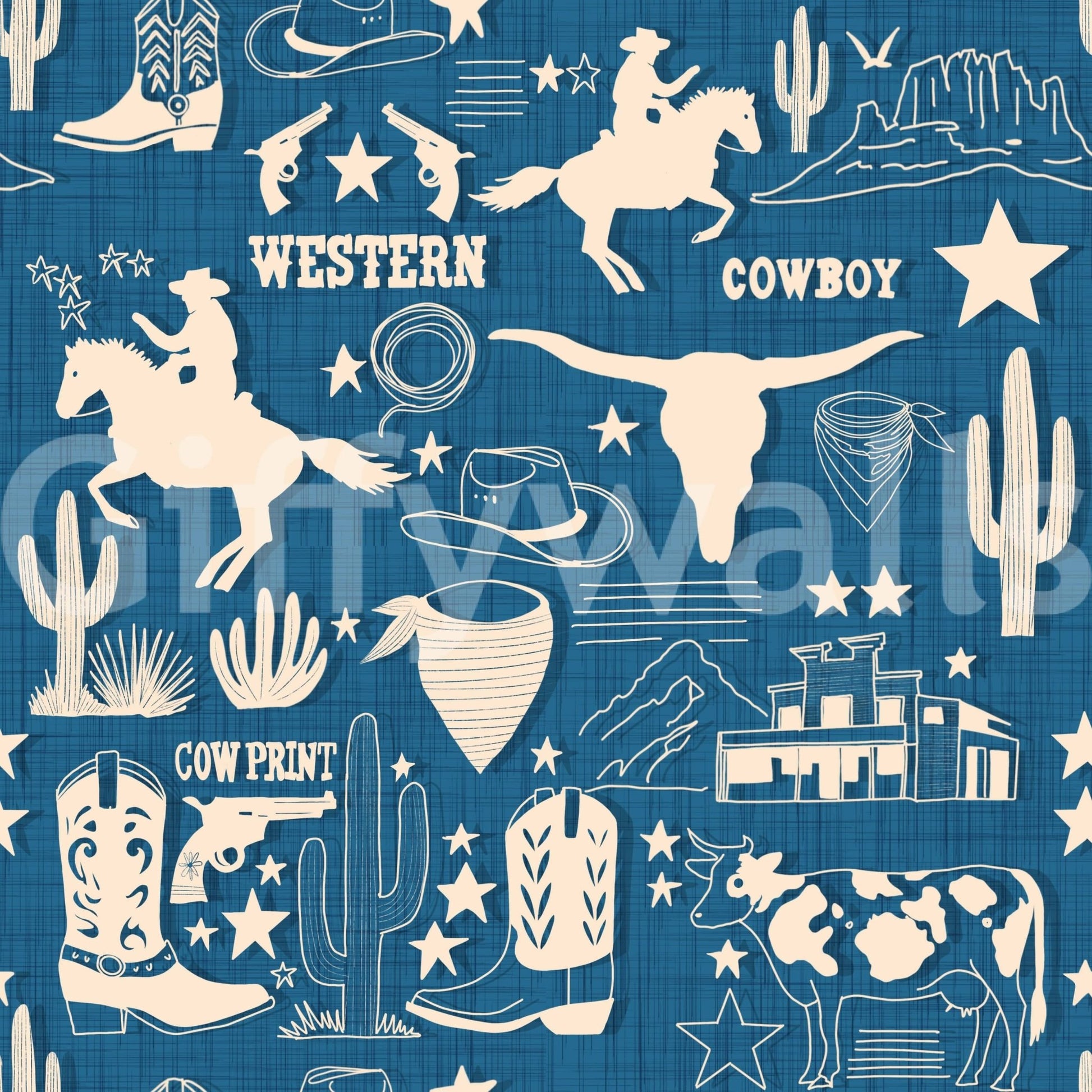Detailed wallpaper featuring western motifs like barns, stars, and desert plants on a textured blue base.