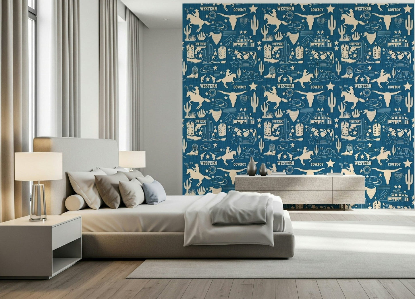 Western ranch wallpaper mural with hand-drawn cowboy elements on a bold blue background.