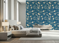 Western ranch wallpaper mural with hand-drawn cowboy elements on a bold blue background.