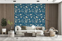 Cowboy-themed wallpaper mural in blueprint style with rustic Wild West illustrations.
