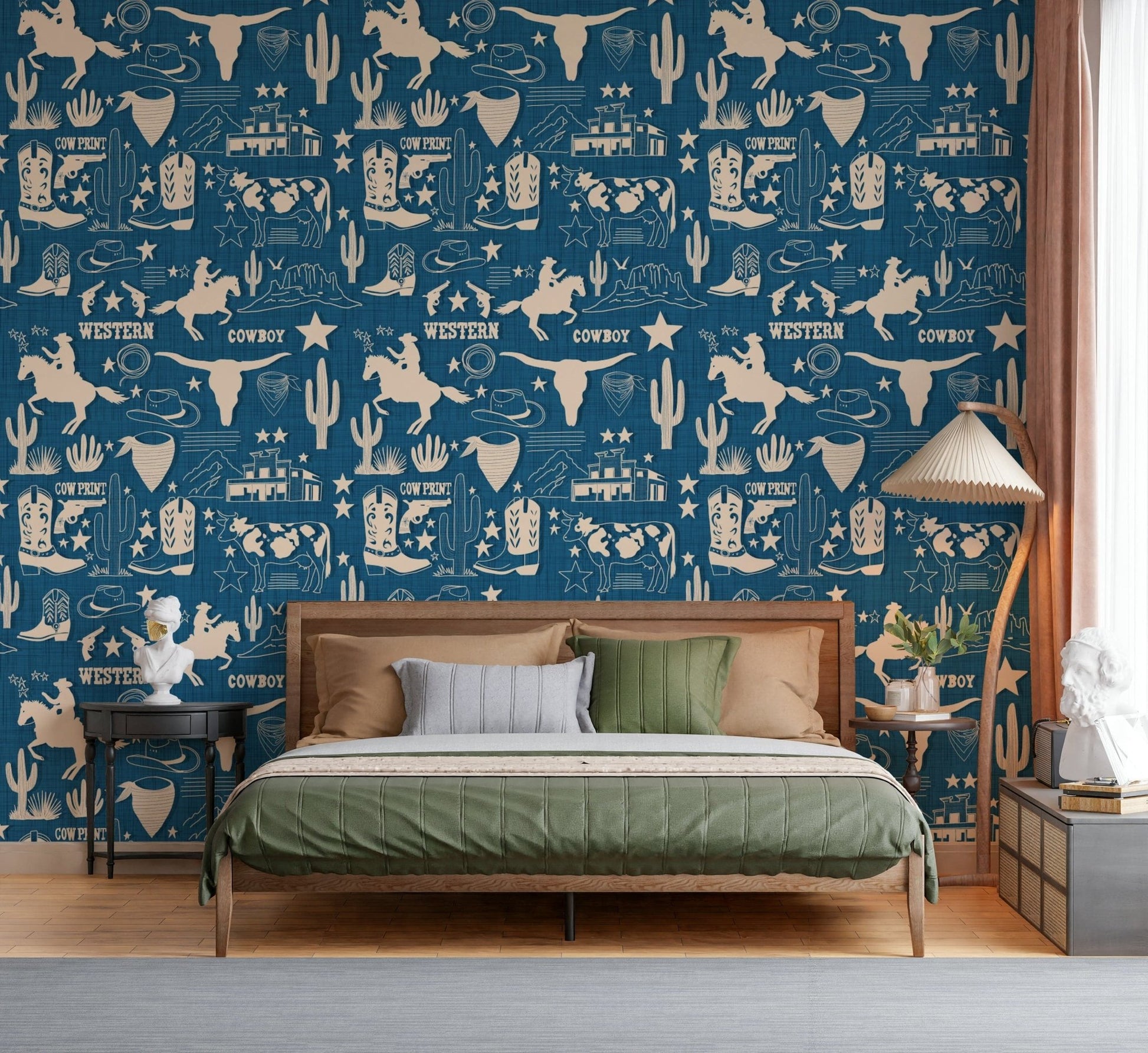 Wild West Blueprint wallpaper with illustrated rodeo riders, cattle, stars, and ranch icons.