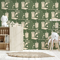 Wild West Charm wallpaper featuring stencil-style frontier icons on a woven-look green texture.