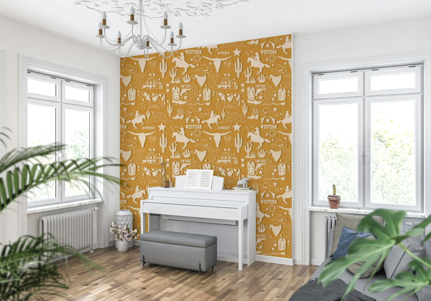 Wild West Roundup wallpaper featuring cowboy silhouettes, cacti, longhorn skulls, and rustic Western motifs.