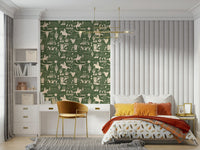 Western-style wallpaper mural with sketched cowboys, boots, horses, stars, and rustic icons.