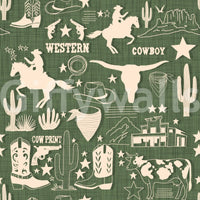 Vintage western wallpaper with illustrated frontier symbols in an organic, hand-sketched design.
