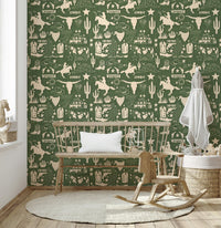 Wild West Sketch wallpaper featuring hand-drawn cowboy motifs, longhorns, and cacti on a textured green background.
