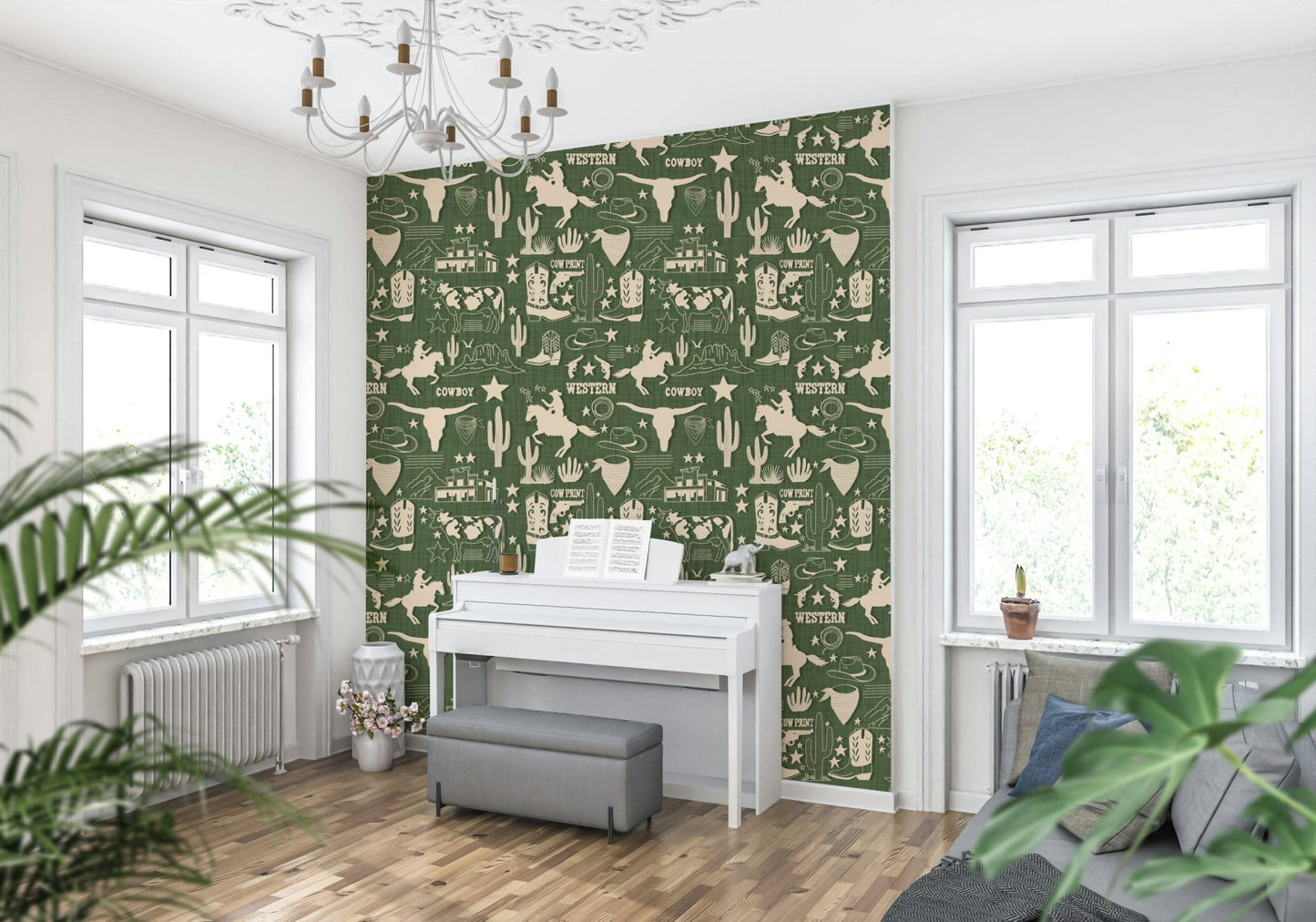 Wild West Sketch wallpaper with cowboy silhouettes, ranch icons, and hand-drawn desert elements.