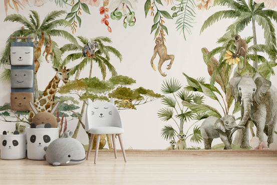 Watercolor wildlife mural wallpaper

