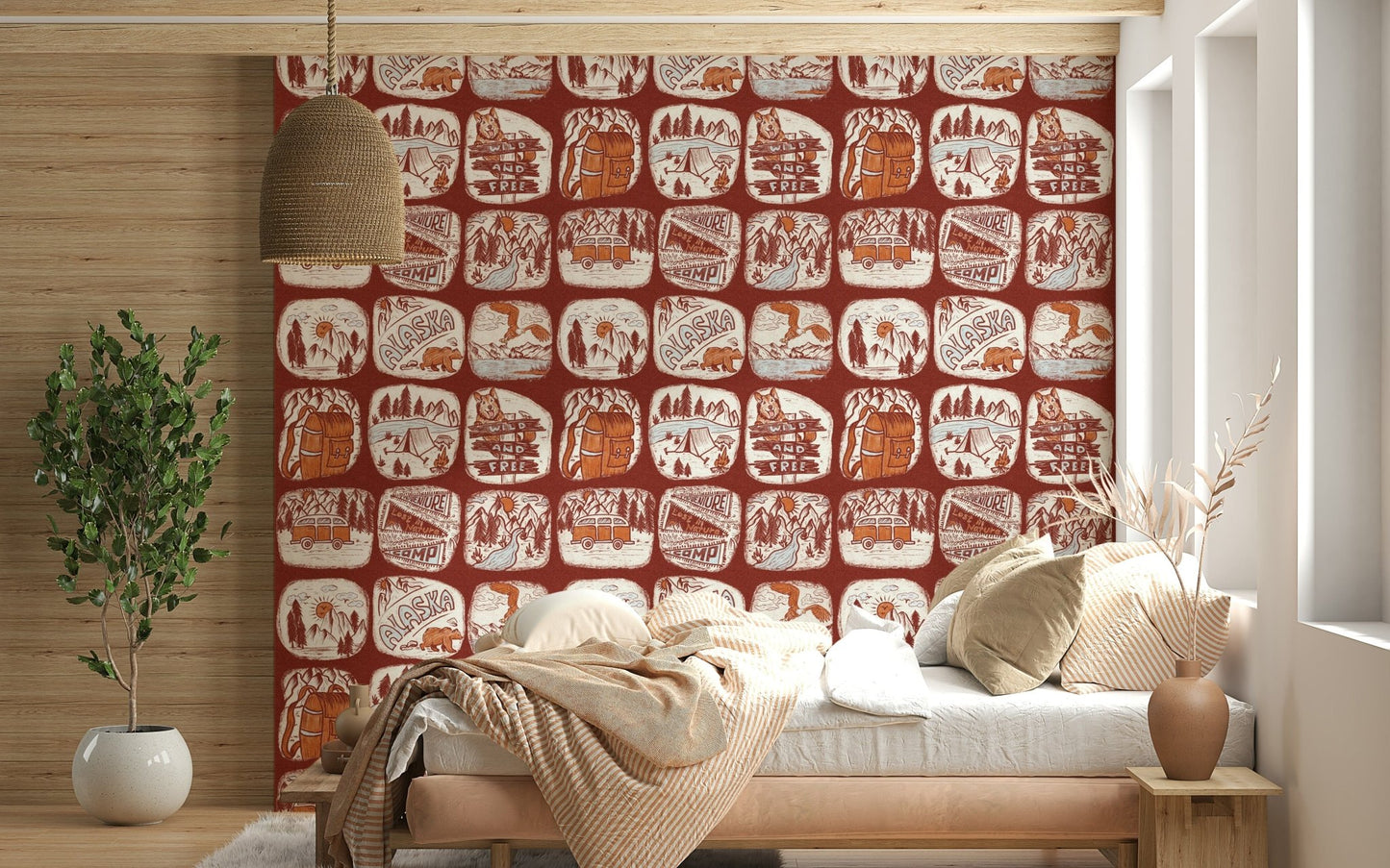 Adventure-inspired wallpaper featuring sketch-style nature patches and rugged outdoor motifs.