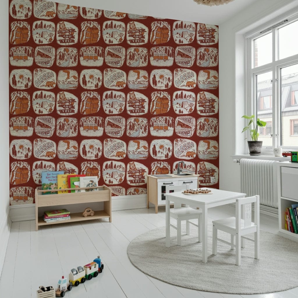 Wild nature wallpaper featuring illustrated outdoor adventure patches on a deep brown background.