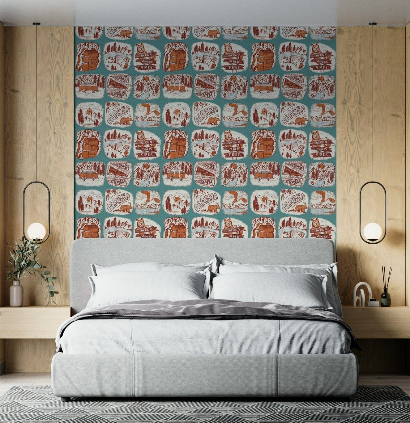 Sketch-style wilderness wallpaper mural with illustrated trees, mountains, and wildlife.