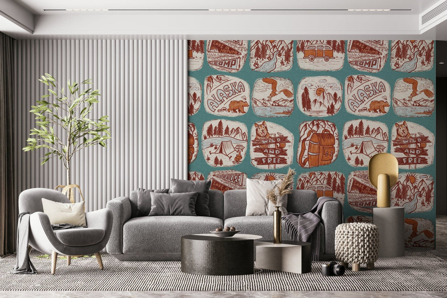 Monochrome wilderness wallpaper featuring line-drawn natural landscapes.