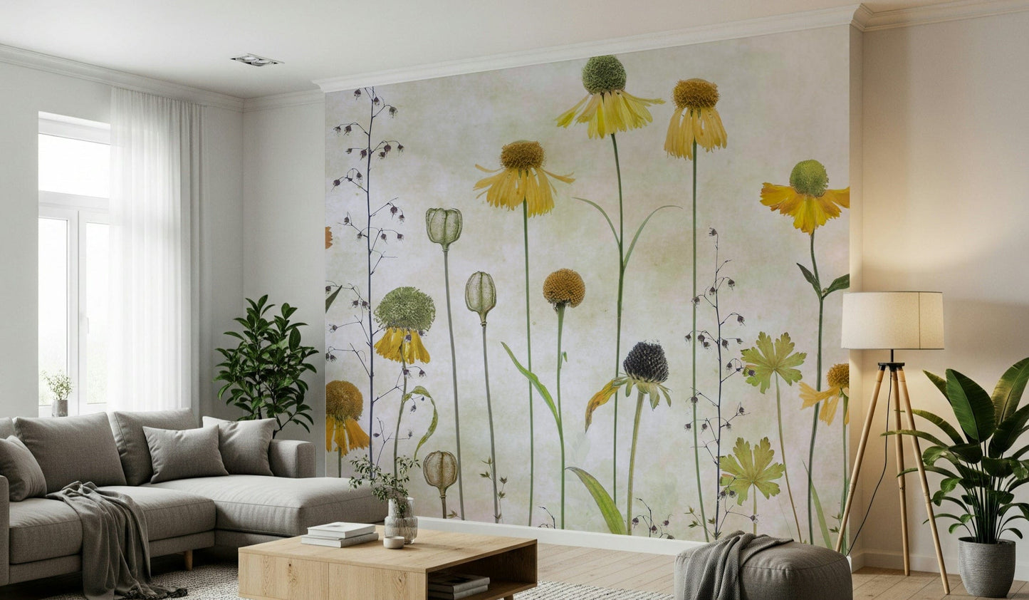 A beautiful modern art wall mural of delicate flowers.

