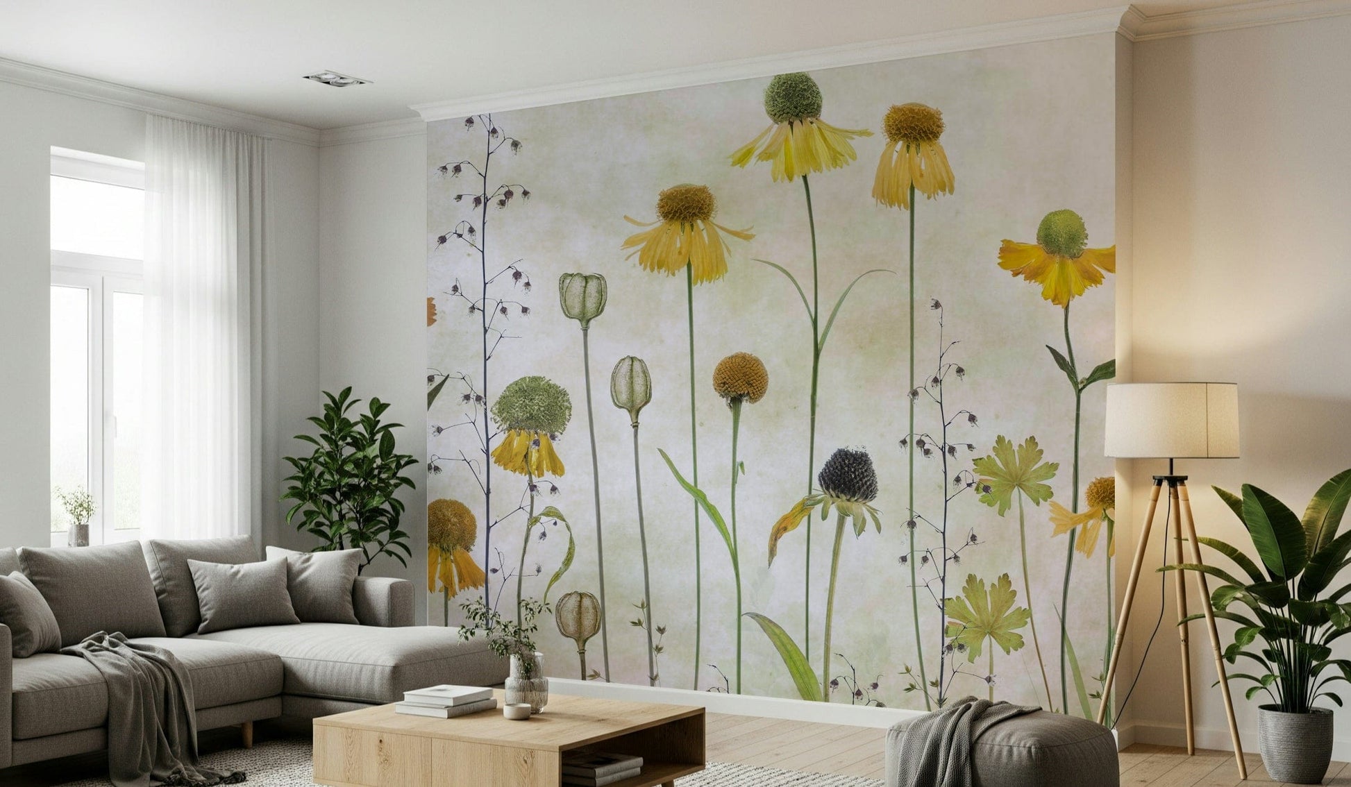 A beautiful modern art wall mural of delicate flowers.

