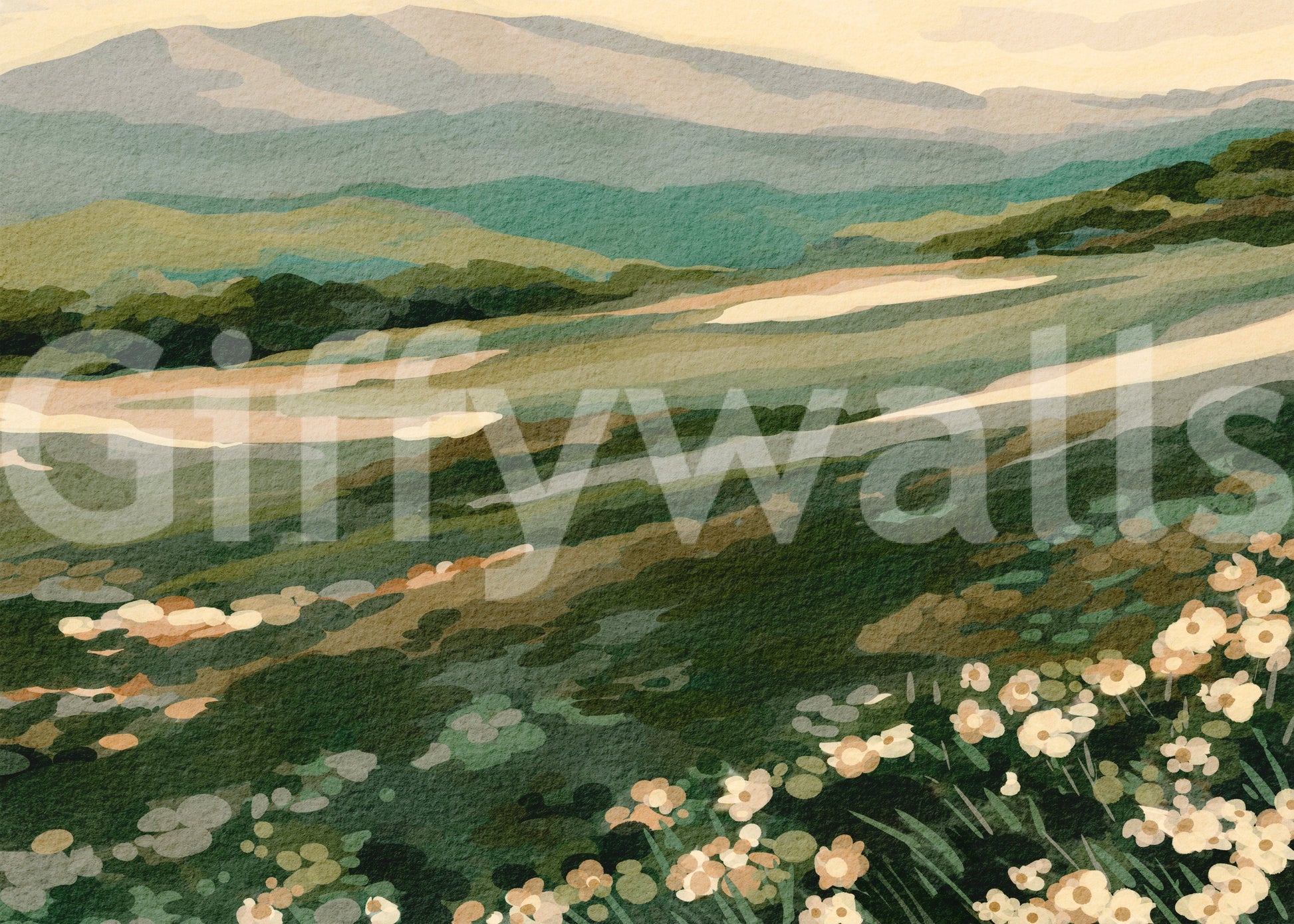 Green aesthetic wallpaper featuring scenic Floral Meadow Vista print for modern homes.