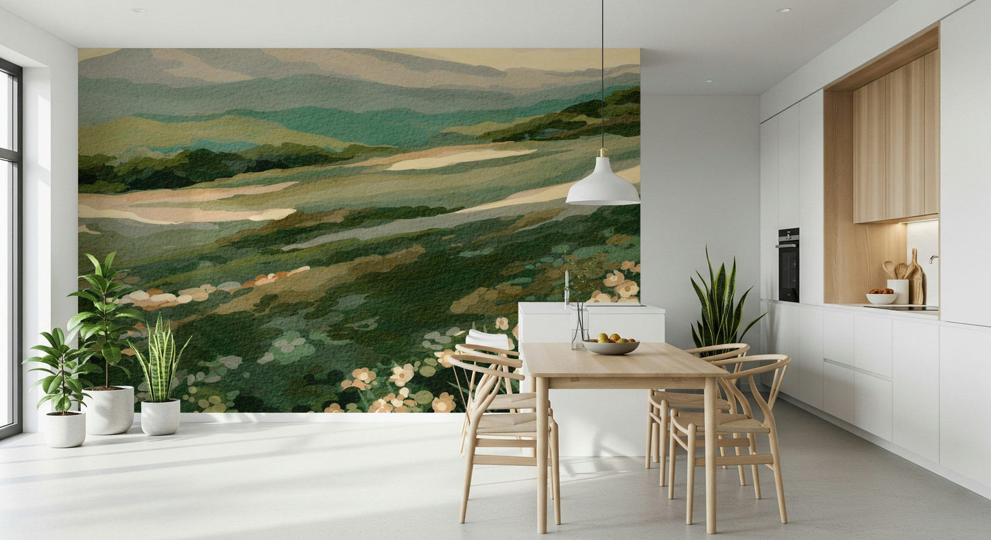 Scenic view wallpaper depicting grassy fields and distant peaks in soft pastel hues.