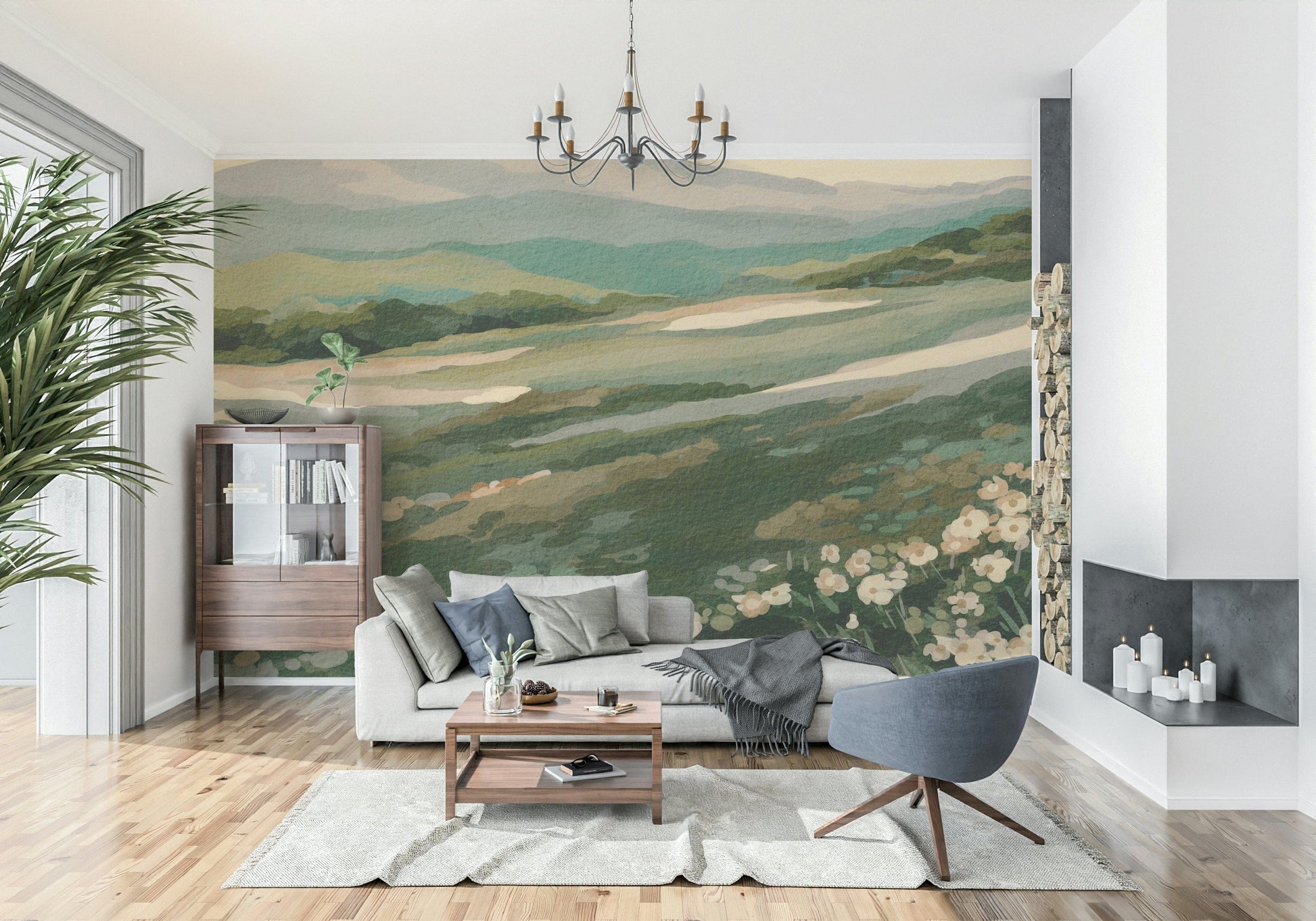 Calm countryside mural wallpaper with Floral Meadow Vista design suitable for bedroom decor.
