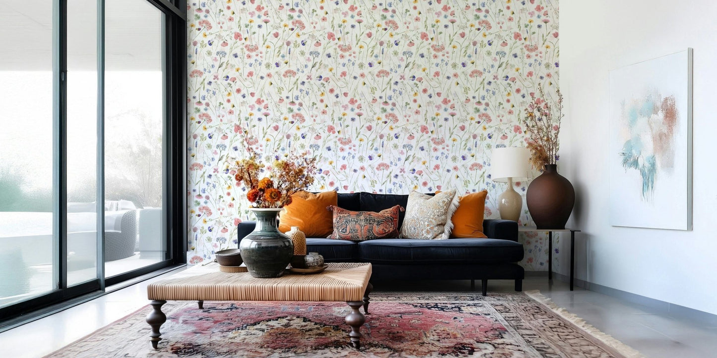 Artistic Wildflower Waltz scattered petals natural wallpaper.