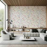 Wildflower Waltz pretty pink and blue botanical print wallpaper.