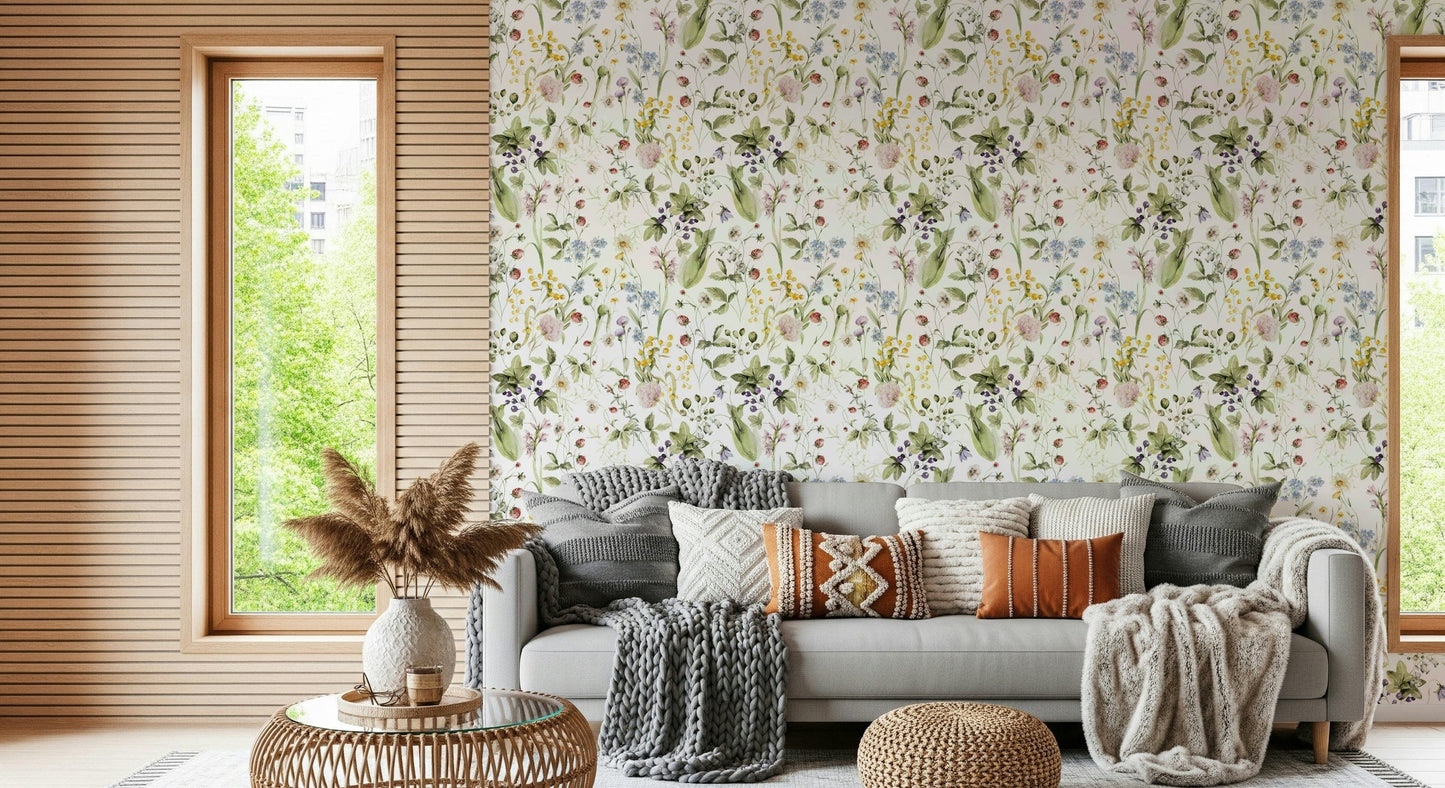 Painterly Wildflower Dreams wall mural soft green leaves.