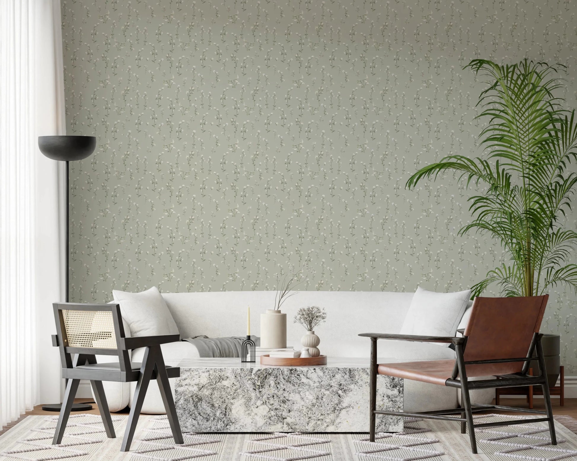 Seamless nature-inspired print with petite white blooms for a office wallpaper.