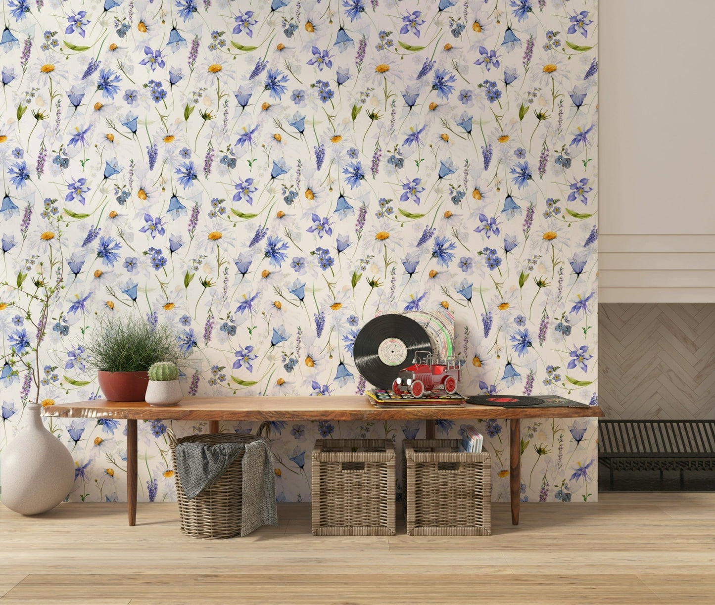 Light blue purple floral seamless wall print