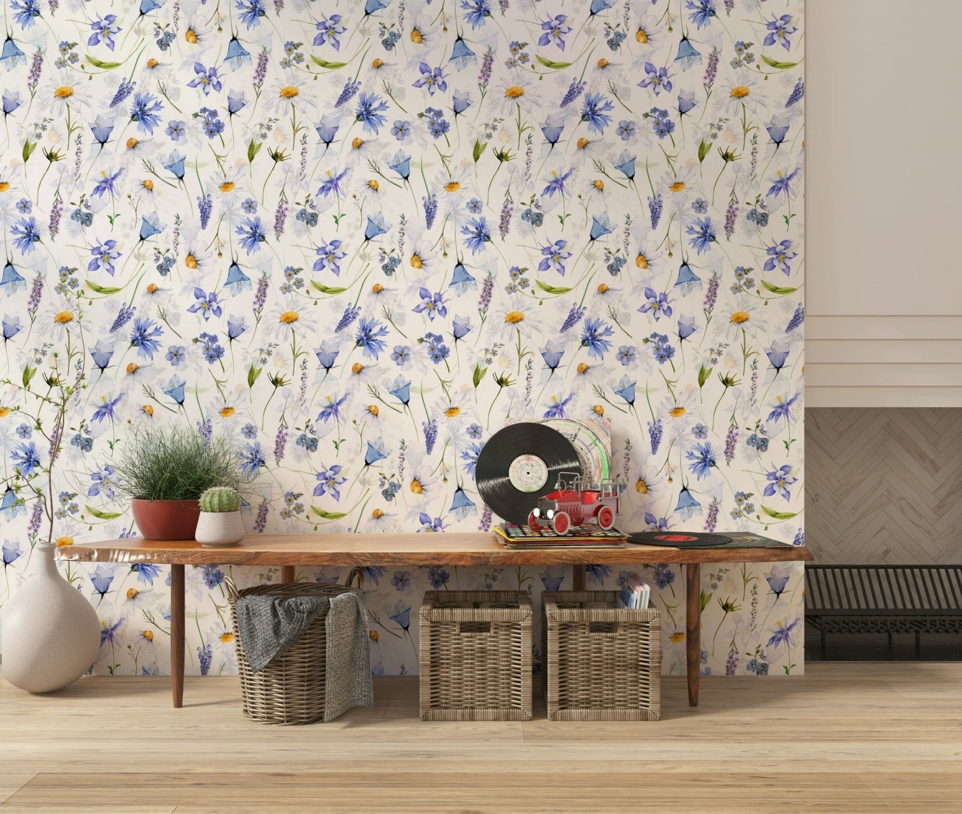 Light blue purple floral seamless wall print