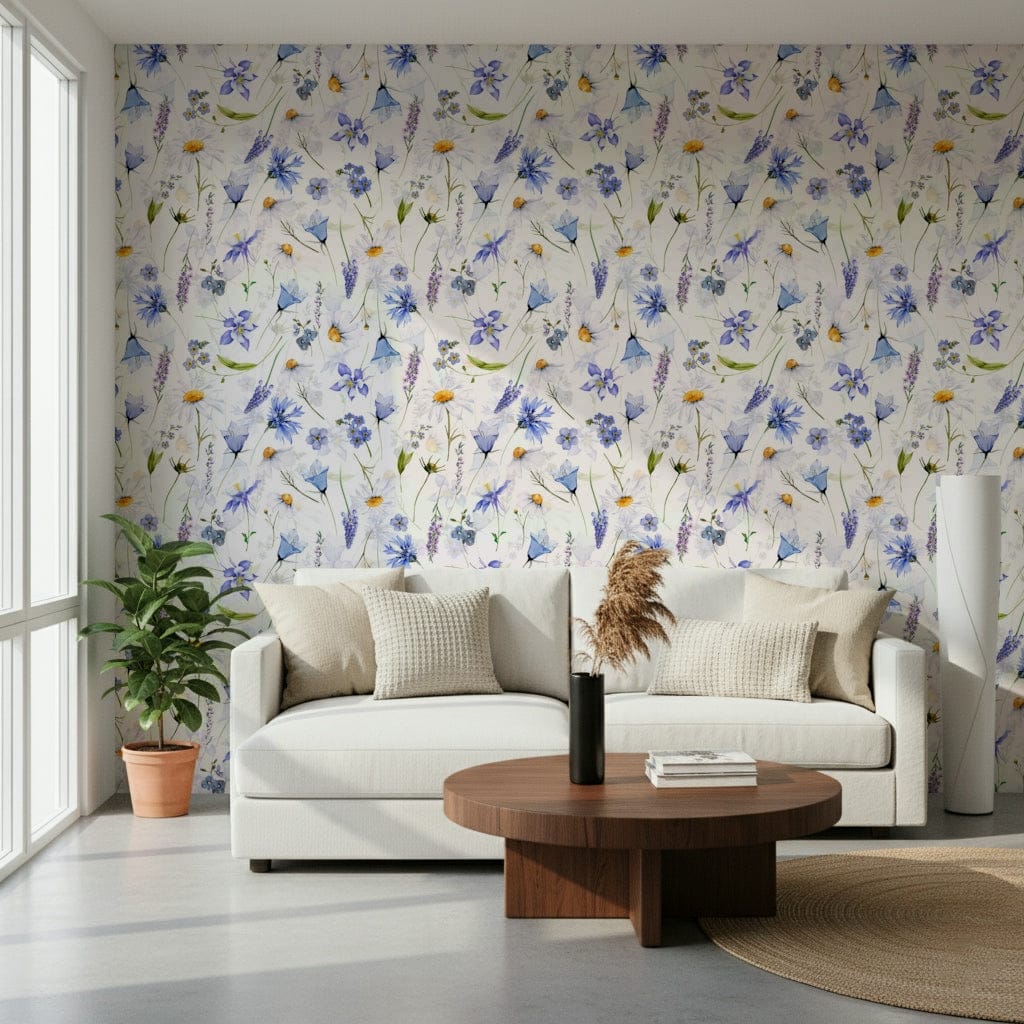 Delicate blue white flowers on a wall
