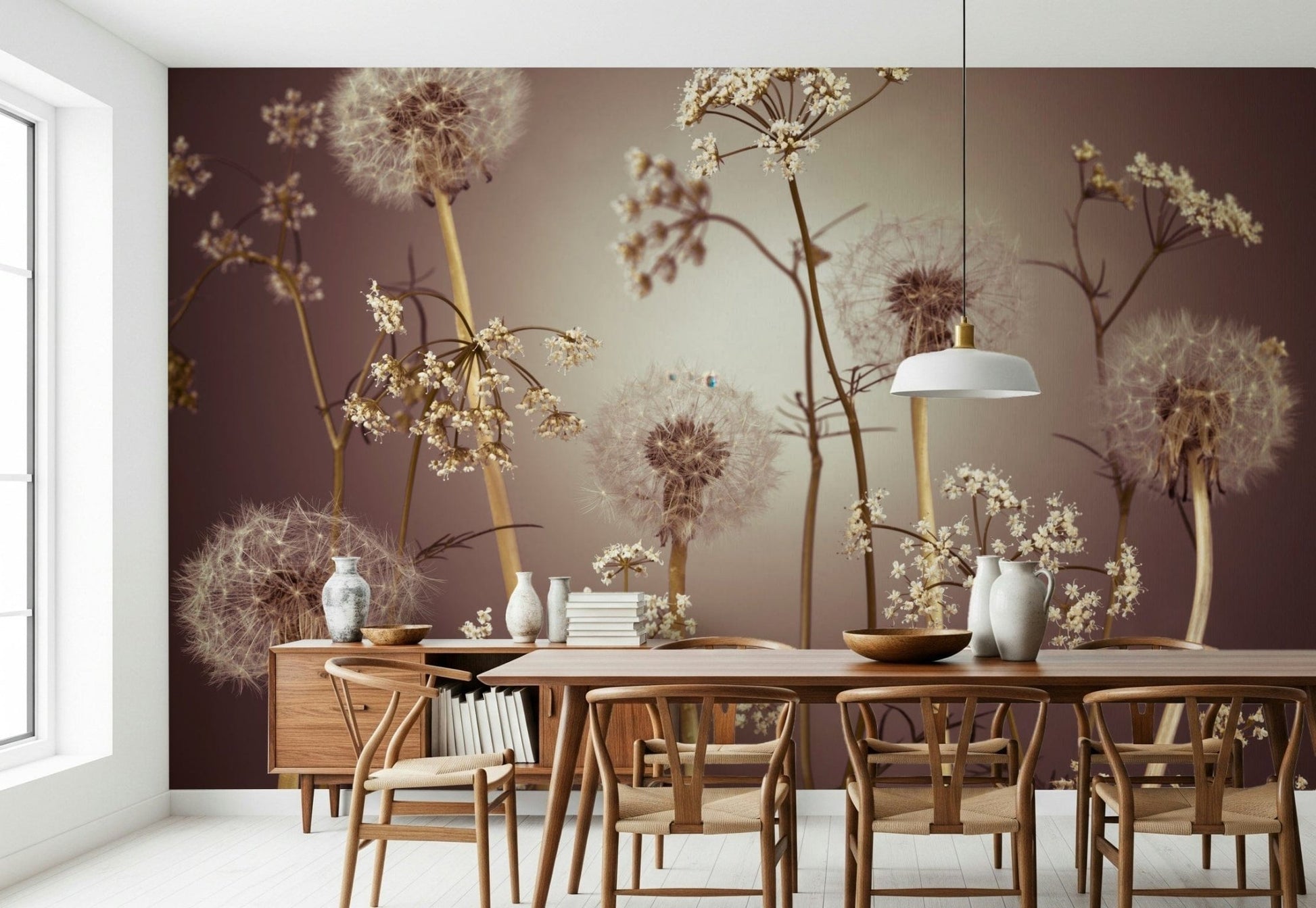Entryway wall decor featuring wildflower wallpaper mural, light floral pattern and modern style
