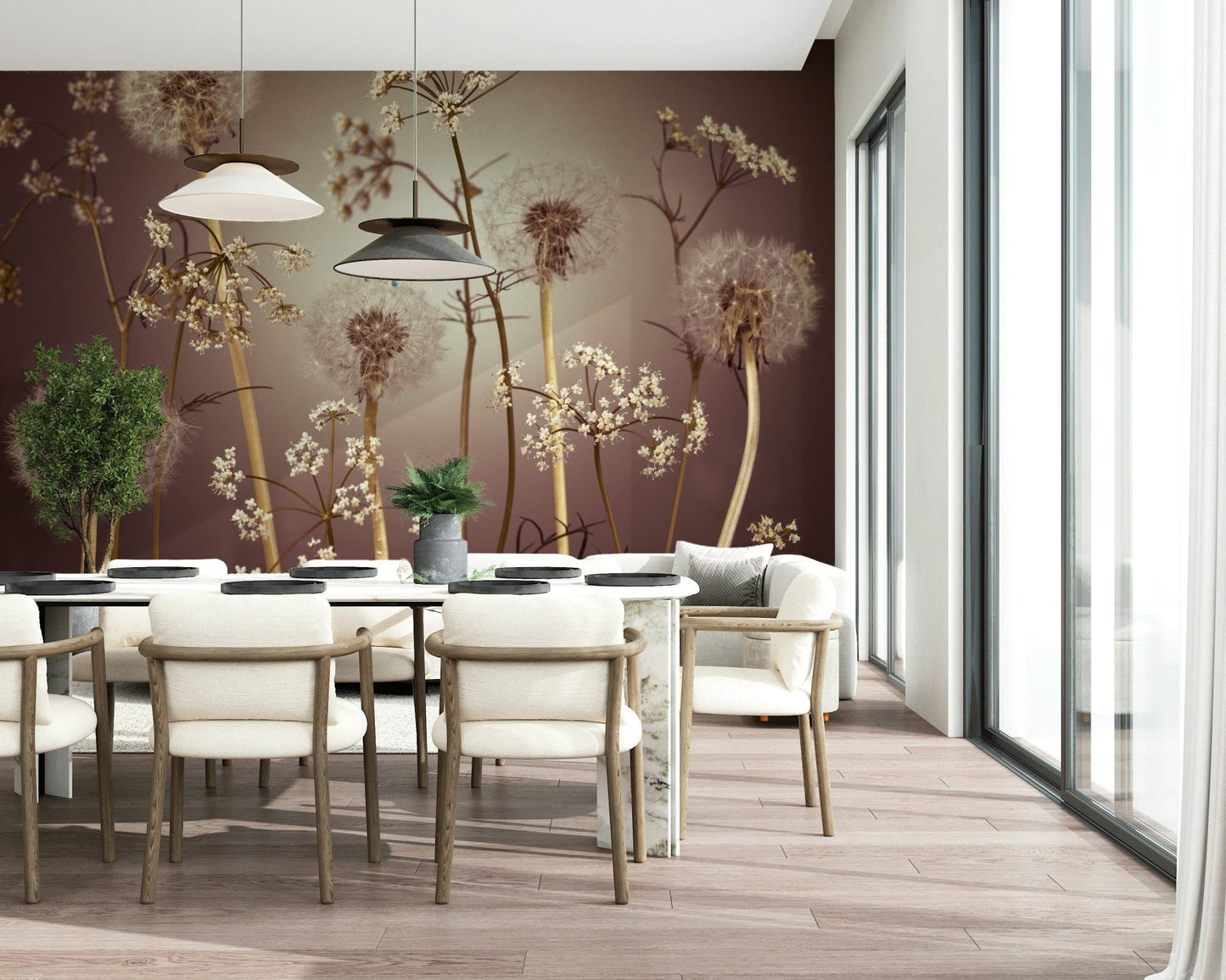 Reading nook wall with wildflower mural, soft blossoms and relaxed modern decor