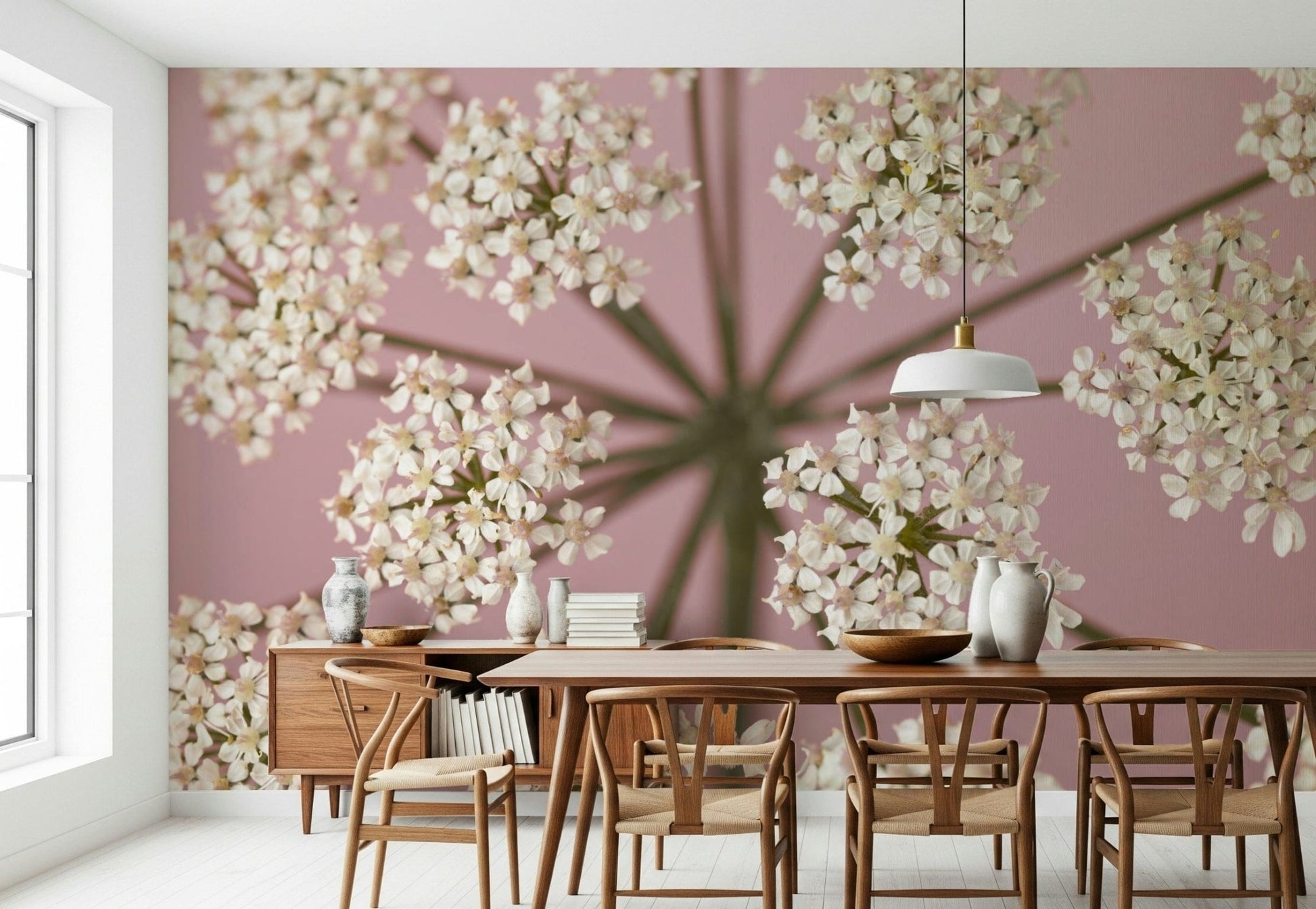 Soft pink feature wall design with radial flower patterns for the bedroom.