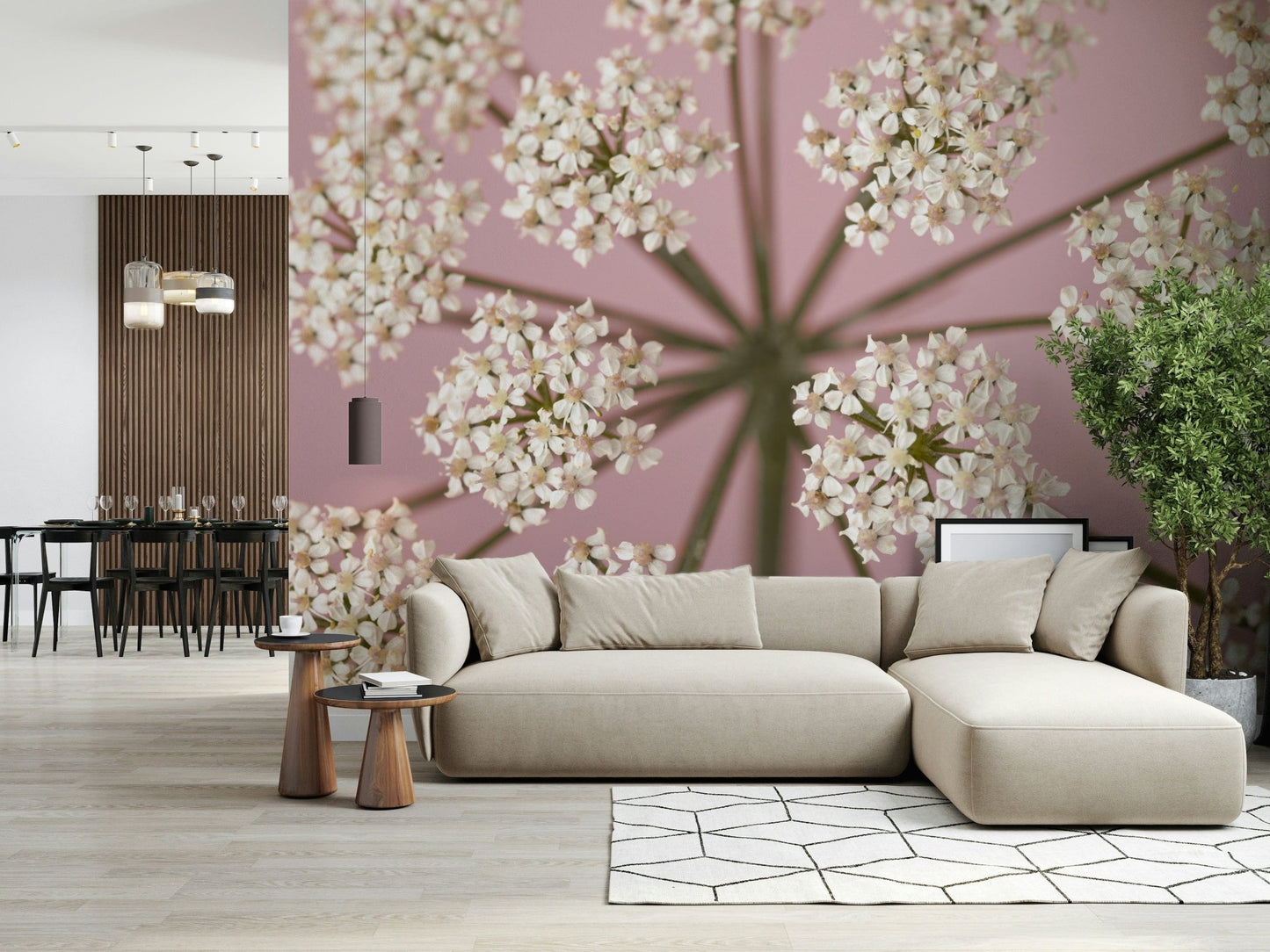 Pastel colour palette wall mural with white flowers and green details.
