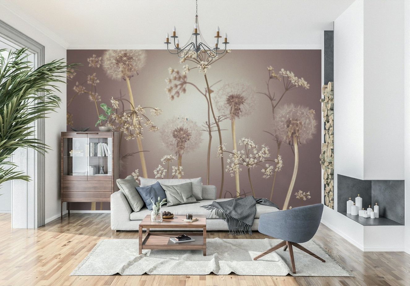 Modern apartment wall decor with meadow floral mural, airy style and soft colors