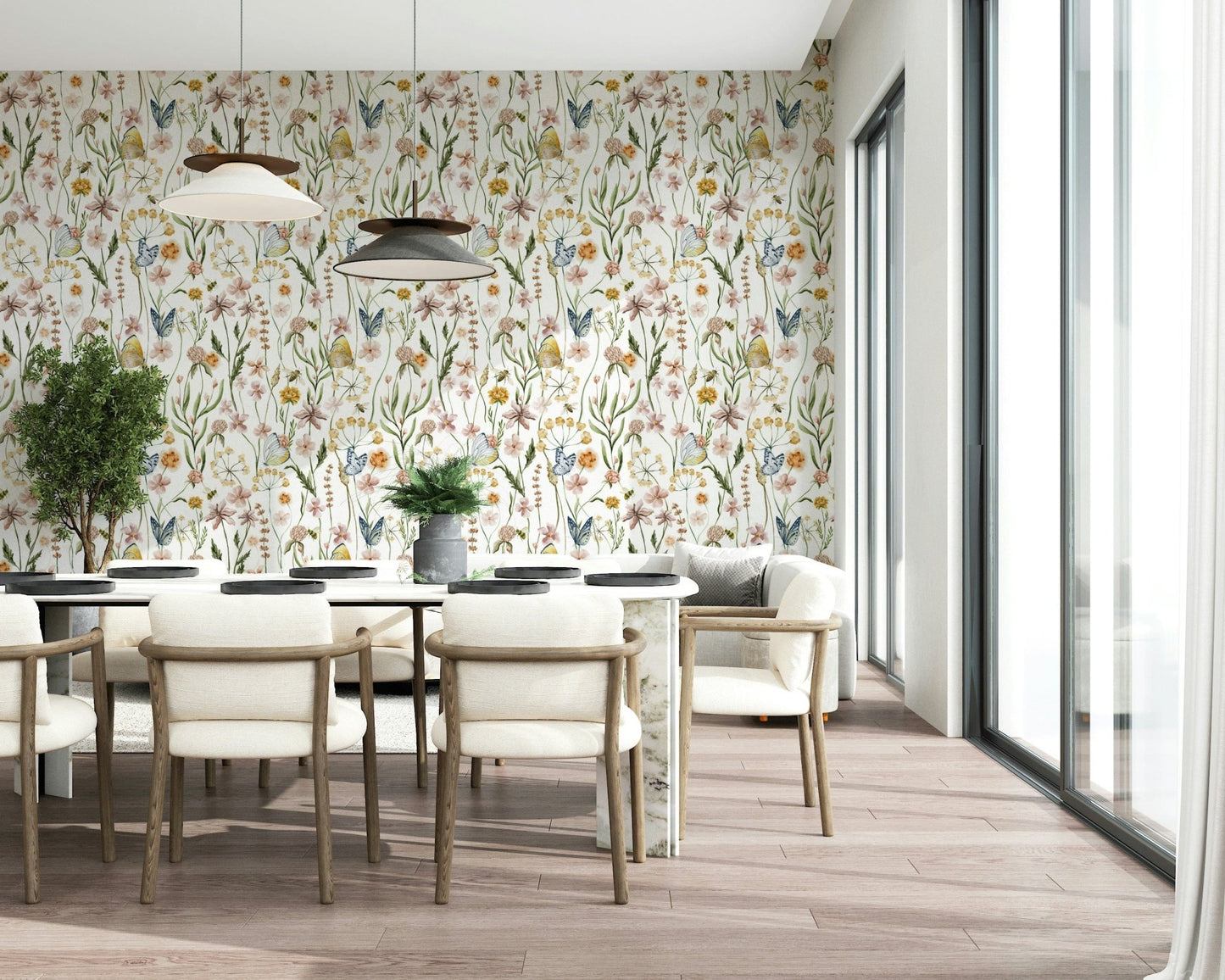 Naturalistic Wildflower Whispers print, soft shades of pink and gentle yellows wallpaper.