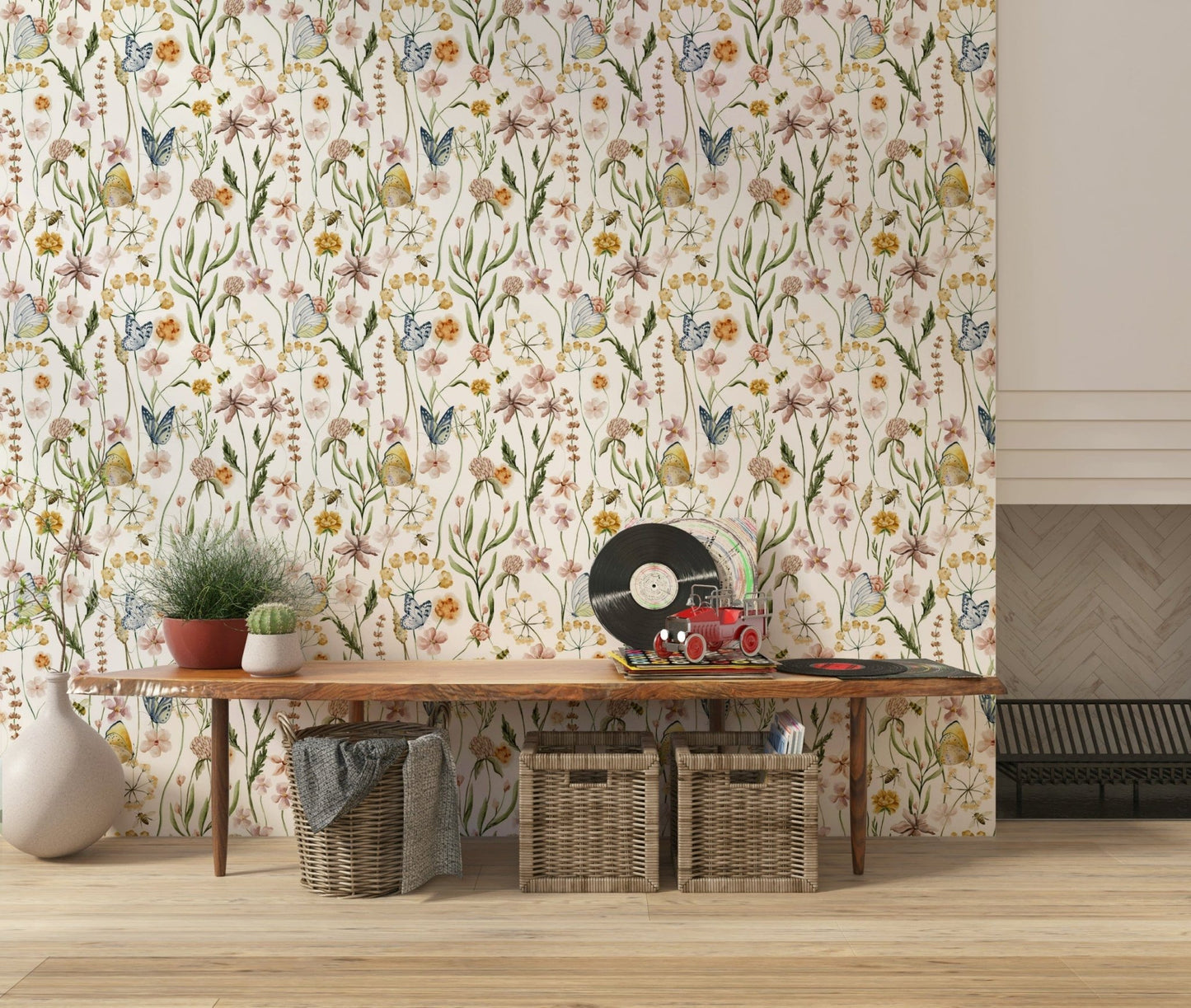 Wildflower Whispers wall covering, light colors, meadow scene for home decor.