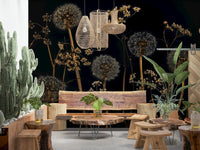Wildflower wallpaper combining moody lighting with intricate natural details and airy seed heads.