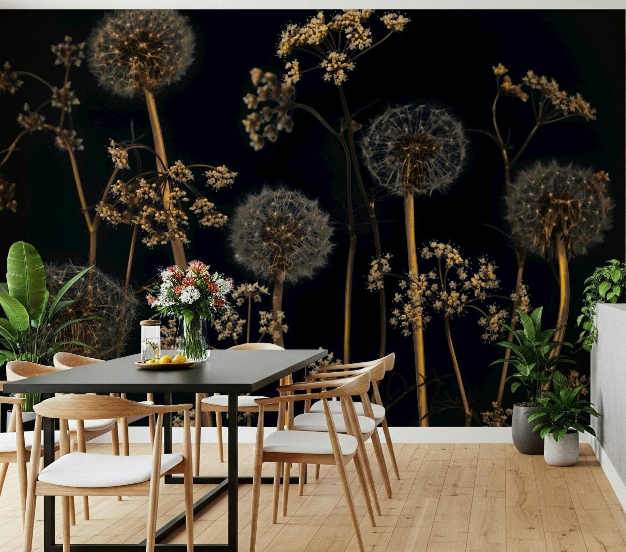 Artistic wallpaper with golden wildflowers and fluffy dandelions glowing against a black canvas.