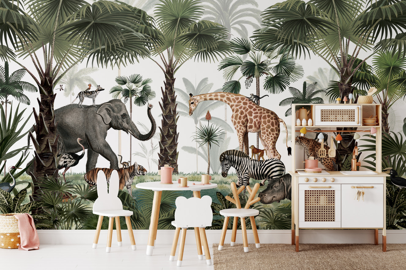 Wildlife Animal Kingdom Wallpaper Mural featuring vibrant animals, lush landscapes, and detailed nature scenes, perfect for enhancing any home or office decor