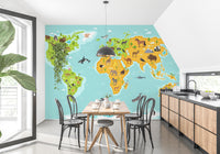 Wildlife Animals on Global Map Wall Mural
